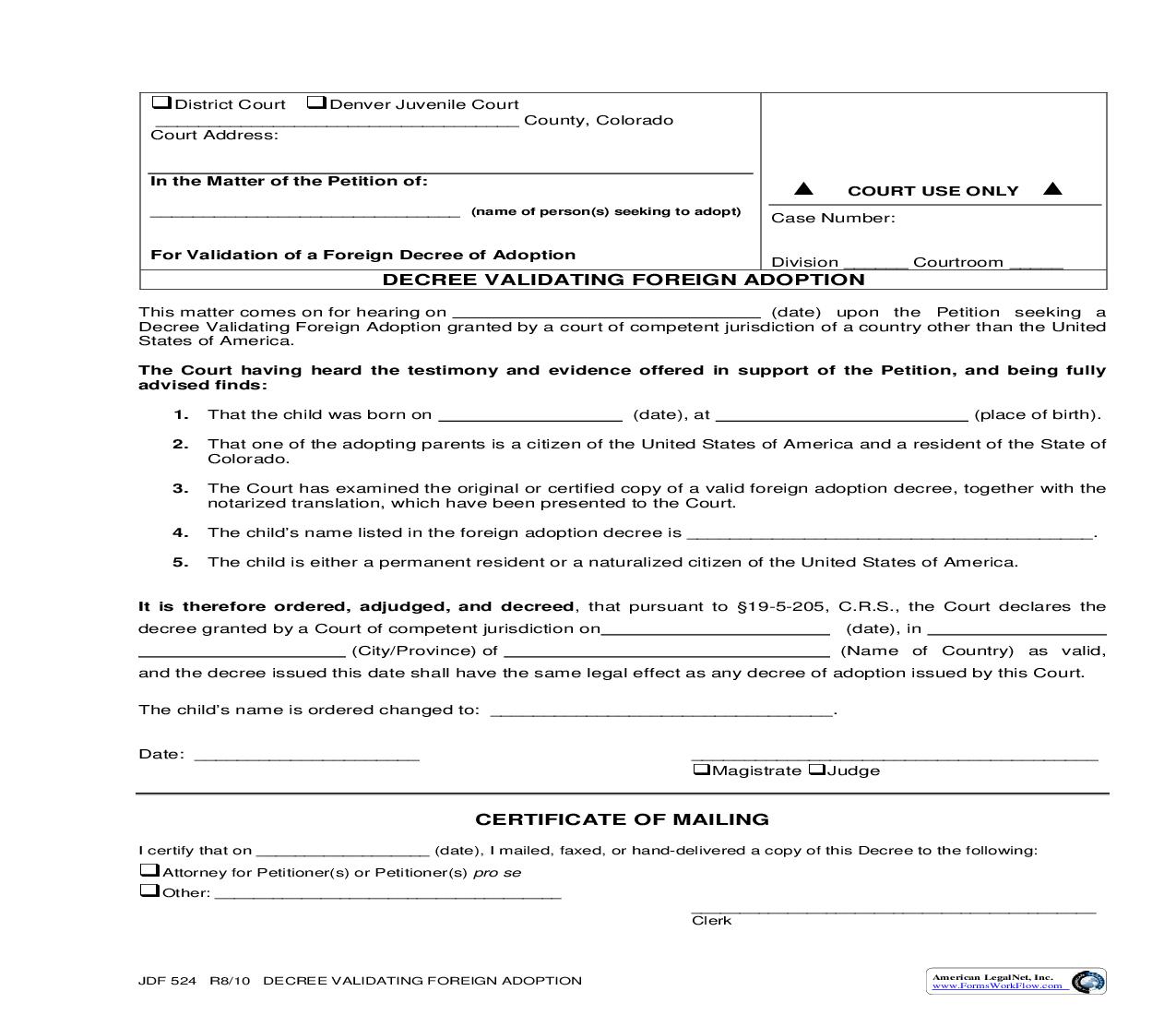Decree Validating Foreign Adoption {JDF 524} | Pdf Fpdf Doc Docx | Colorado