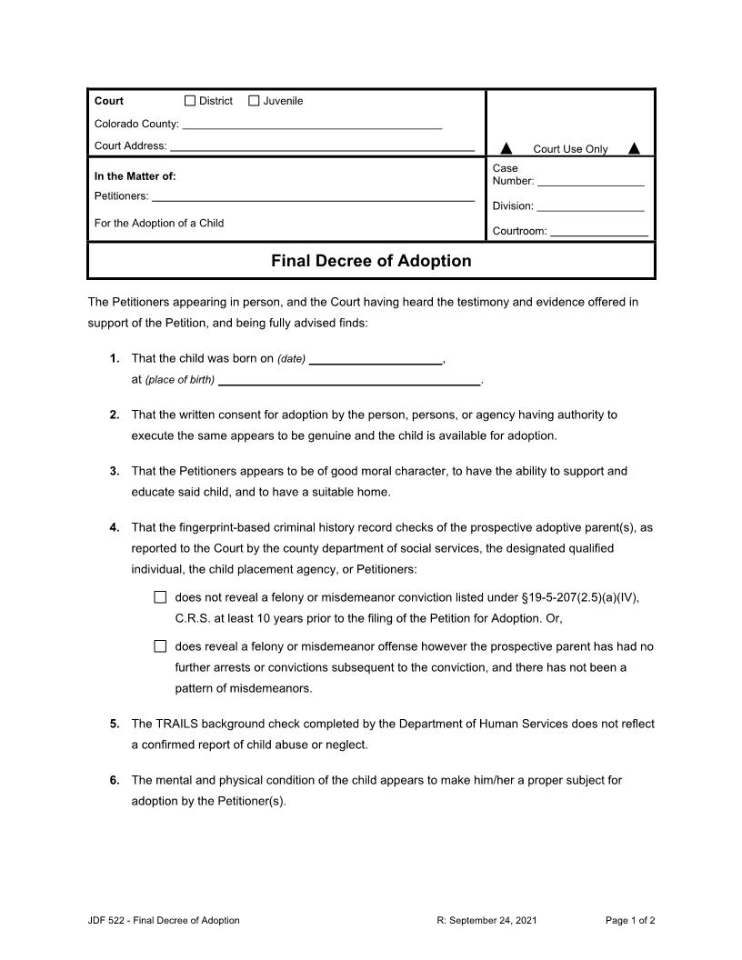 Final Decree Of Adoption {JDF 522} | Pdf Fpdf Doc Docx | Colorado