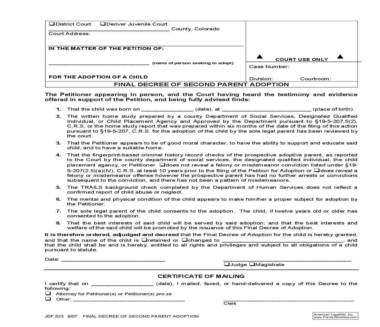 Final Decree Of Second Parent Adoption {JDF 523} | Pdf Fpdf Doc Docx | Colorado