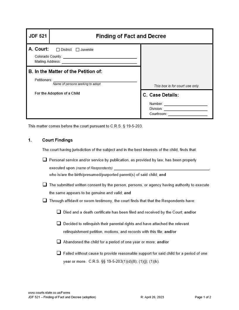 Finding Of Fact And Decree {JDF 521} | Pdf Fpdf Doc Docx | Colorado