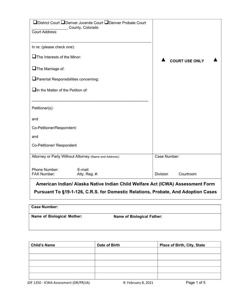 ICWA Assessment Form {JDF 1350} | Pdf Fpdf Docx | Colorado