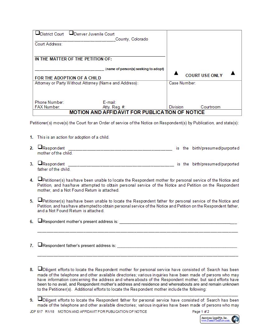 Motion And Affidavit For Publication Of Notice {JDF 517} | Pdf Fpdf Docx | Colorado