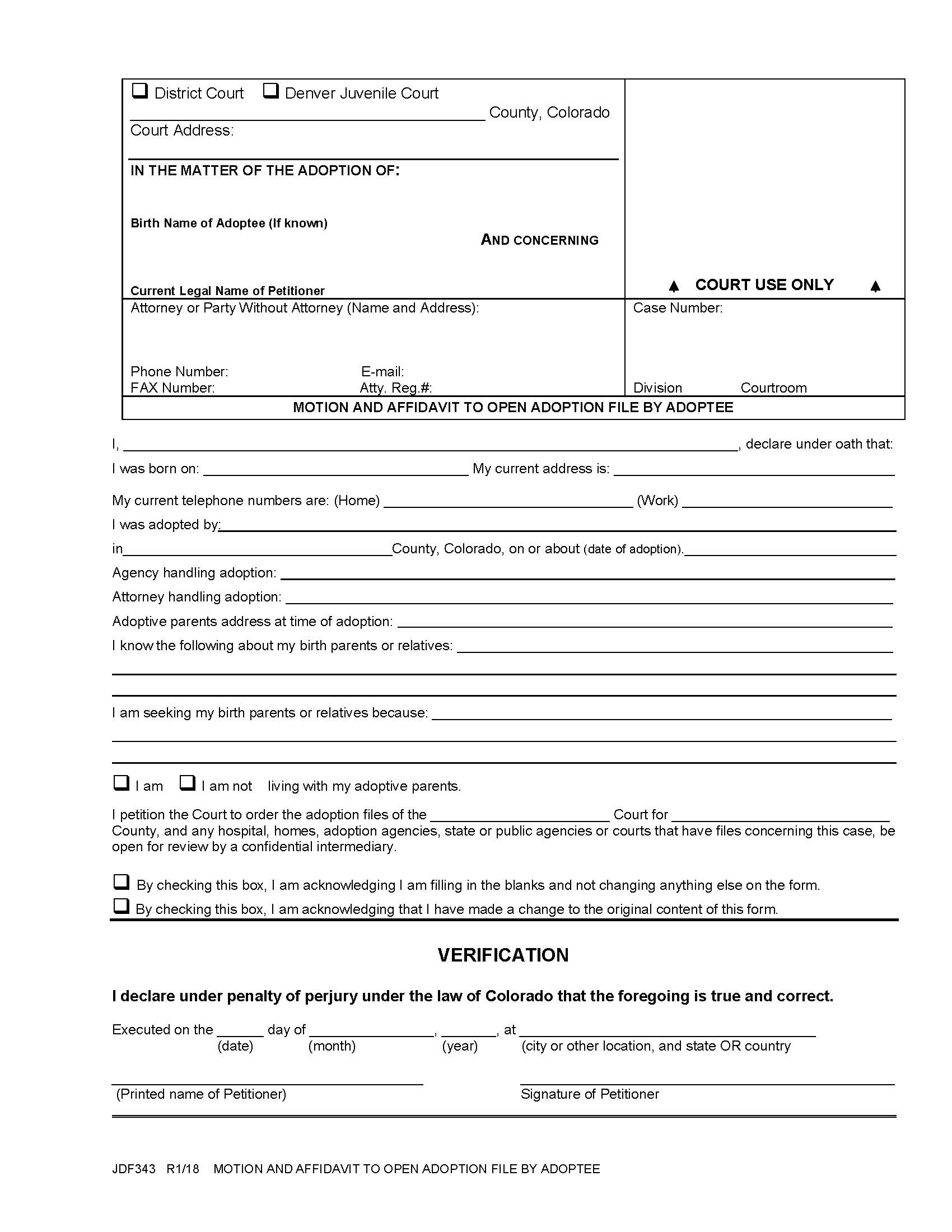 Motion And Affidavit To Open Adoption File By Adoptee {JDF 343} | Pdf Fpdf Docx | Colorado
