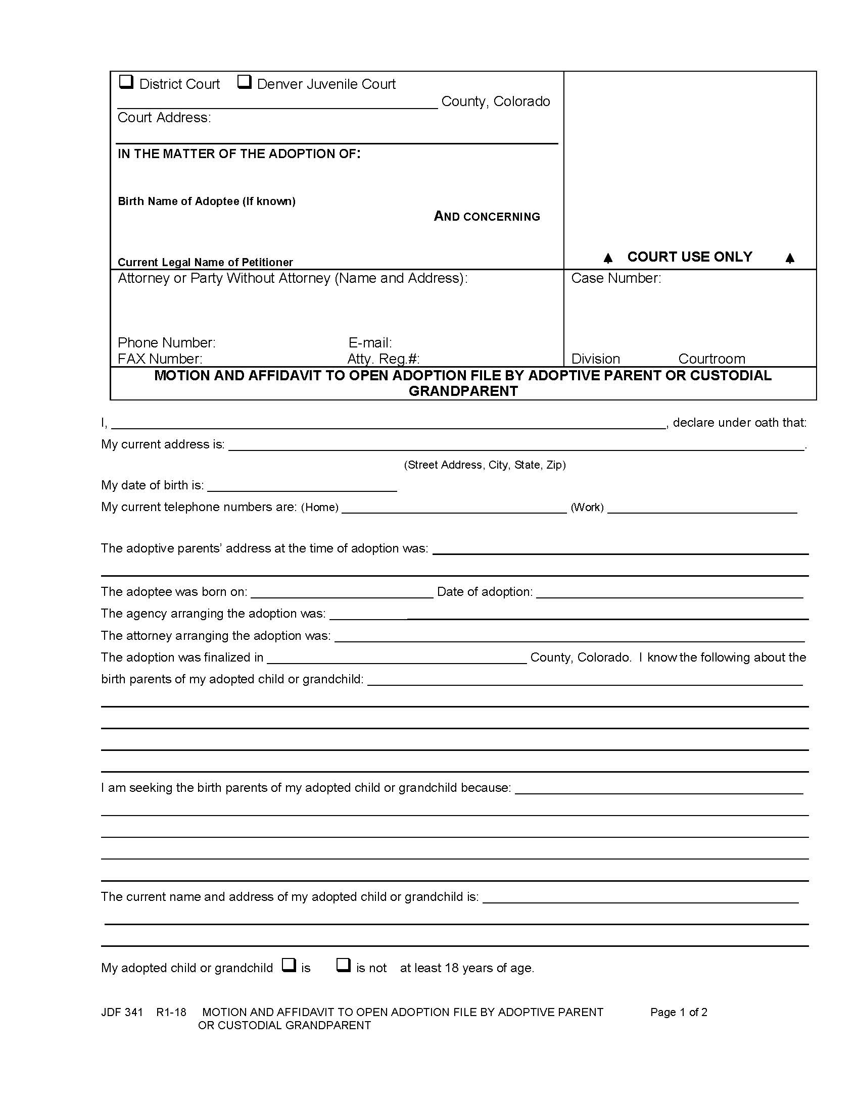 Motion And Affidavit To Open Adoption File By Adoptive Parent Or Custodial Grandparent {JDF 341} | Pdf Fpdf Docx | Colorado