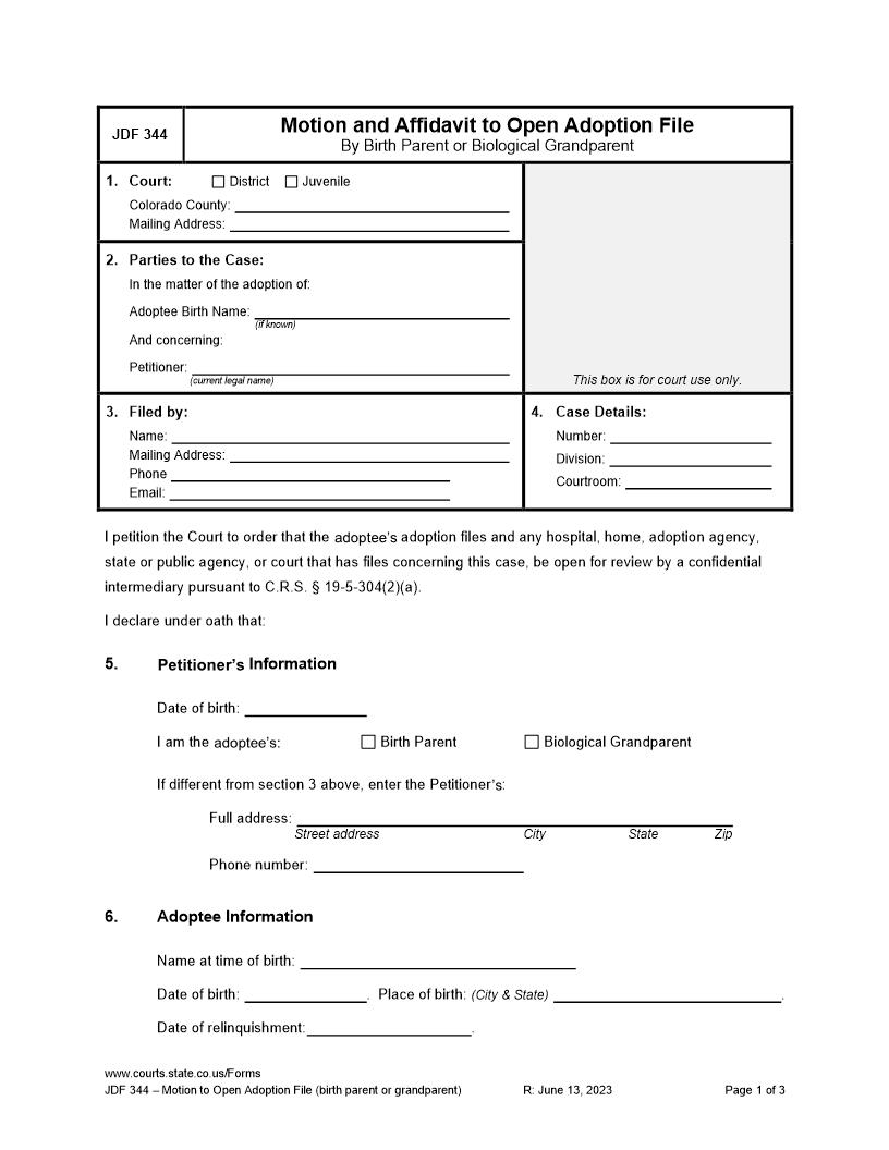 Motion And Affidavit To Open Adoption File By Birth Parent {JDF 344} | Pdf Fpdf Docx | Colorado