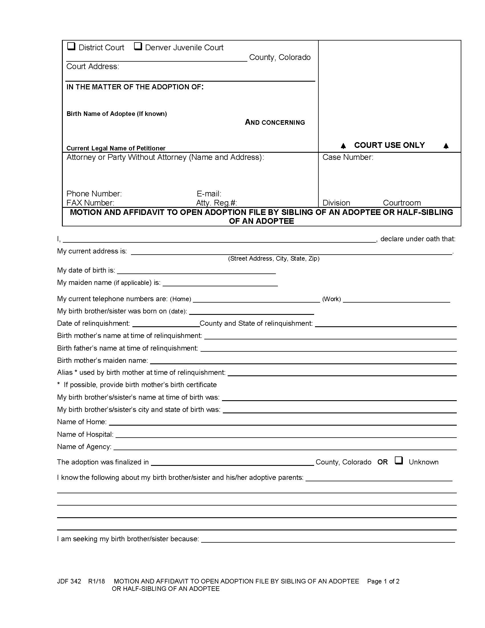 Motion And Affidavit To Open Adoption File By Sibling Of An Adoptee {JDF 342} | Pdf Fpdf Docx | Colorado