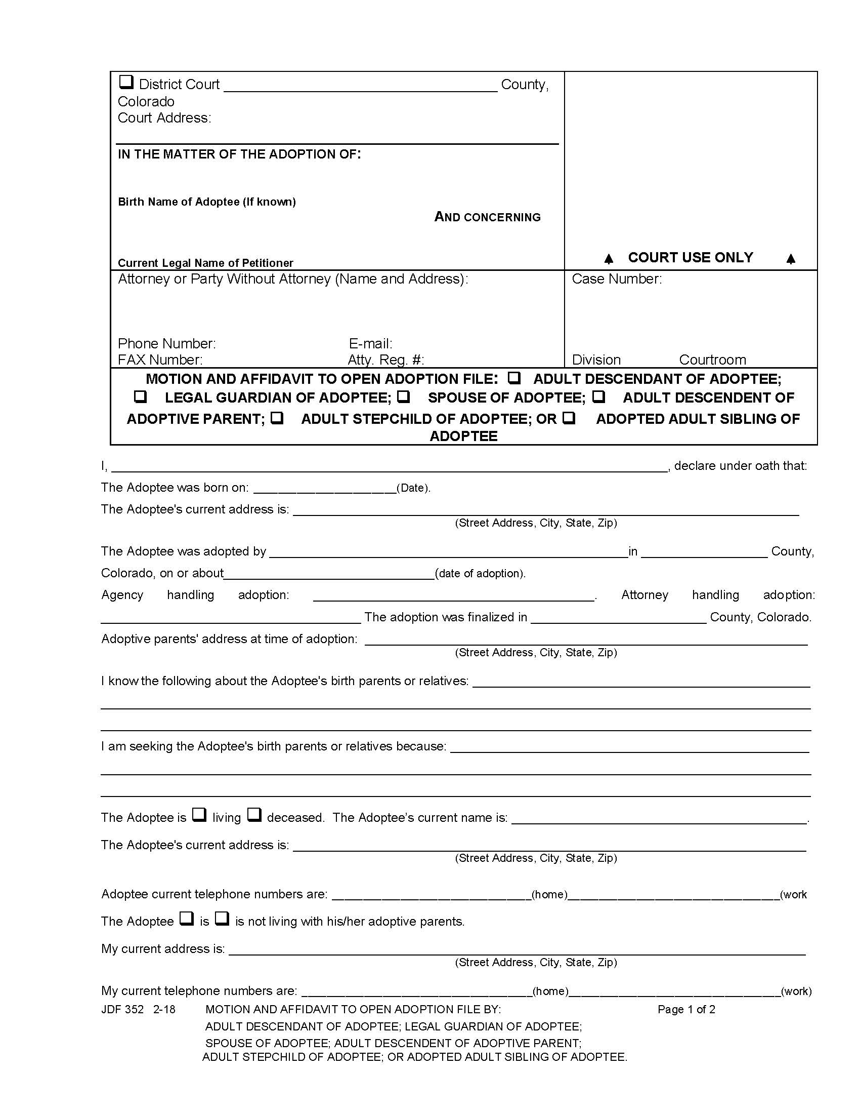 Motion And Affidavit To Open File By Sibling Or Half Sibling Of And Adoptee {JDF 352} | Pdf Fpdf Docx | Colorado
