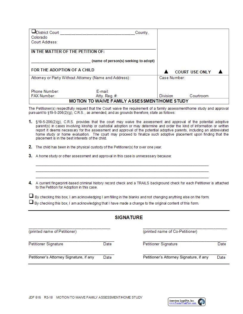 Motion To Waive Family Assessment Or Home Study {JDF 515} | Pdf Fpdf Docx | Colorado