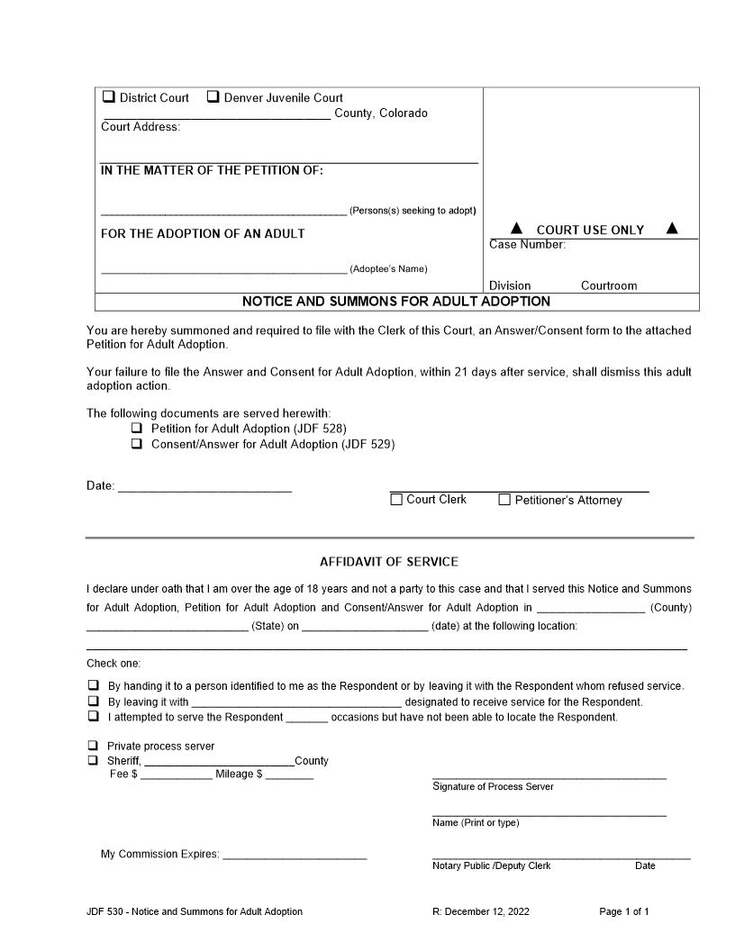 Notice And Summons For Adult Adoption {JDF 530} | Pdf Fpdf Doc Docx | Colorado