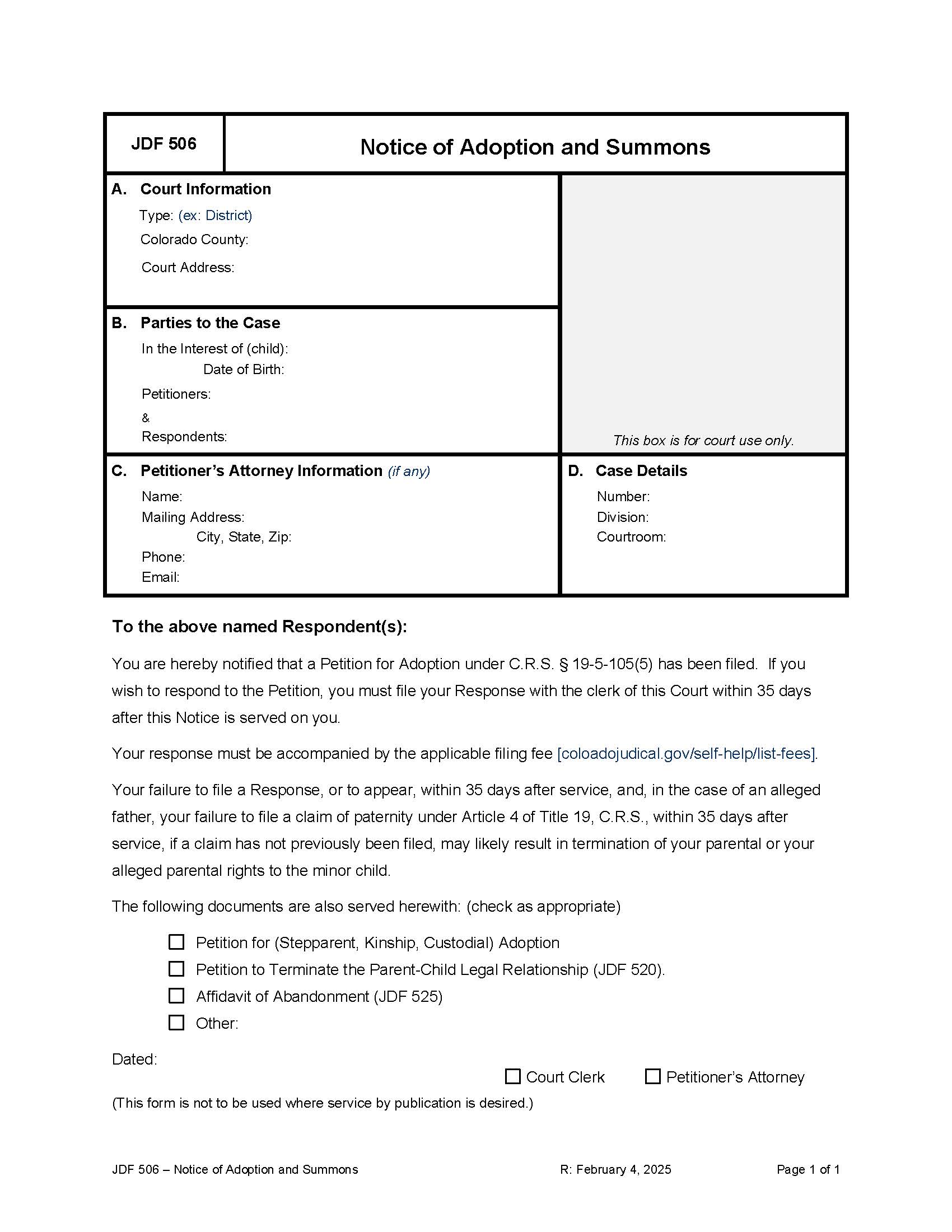 Notice Of Adoption Proceeding And Summons To Respond {JDF 506} | Pdf Fpdf Docx | Colorado