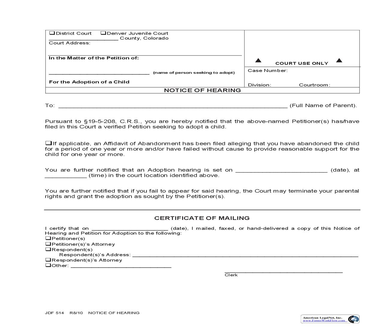 Notice Of Hearing {JDF 514} | Pdf Fpdf Doc Docx | Colorado