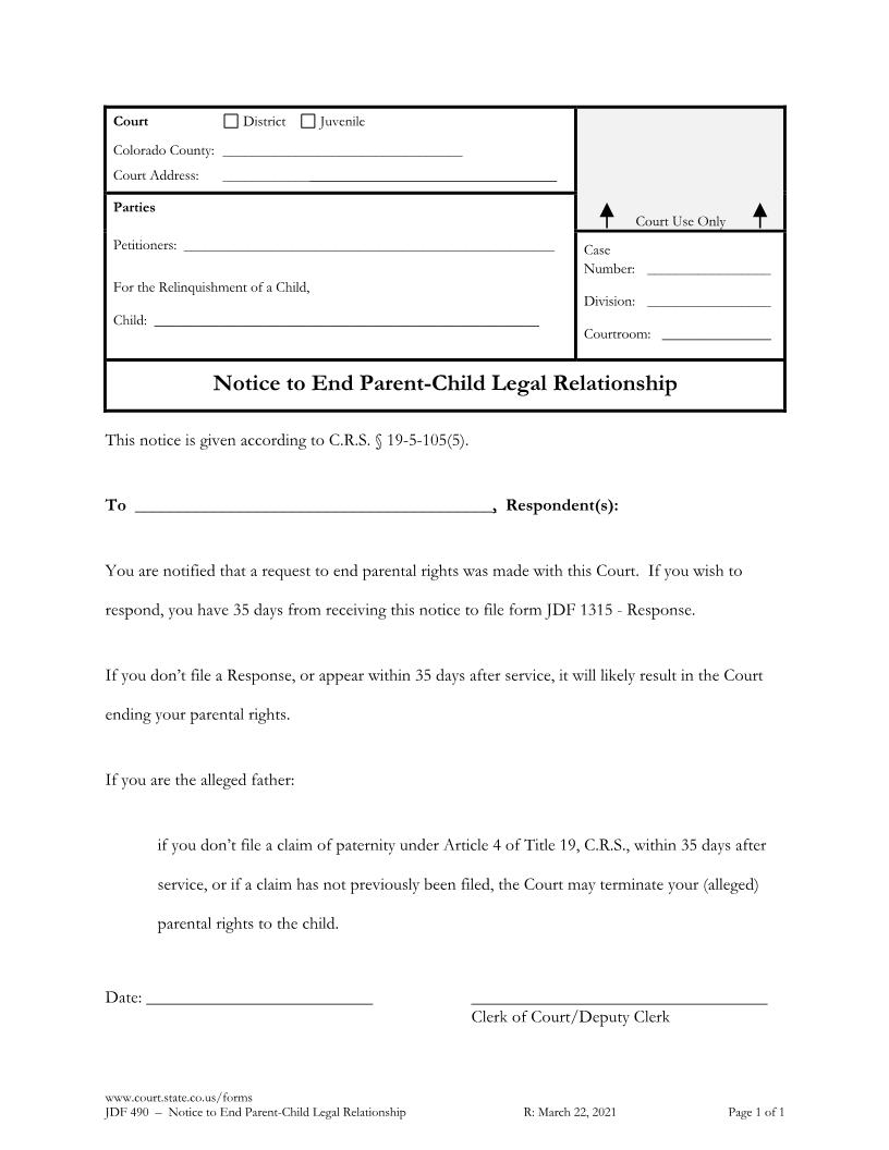 Notice To End Parent Child Relationship {JDF 490} | Pdf Fpdf Docx | Colorado