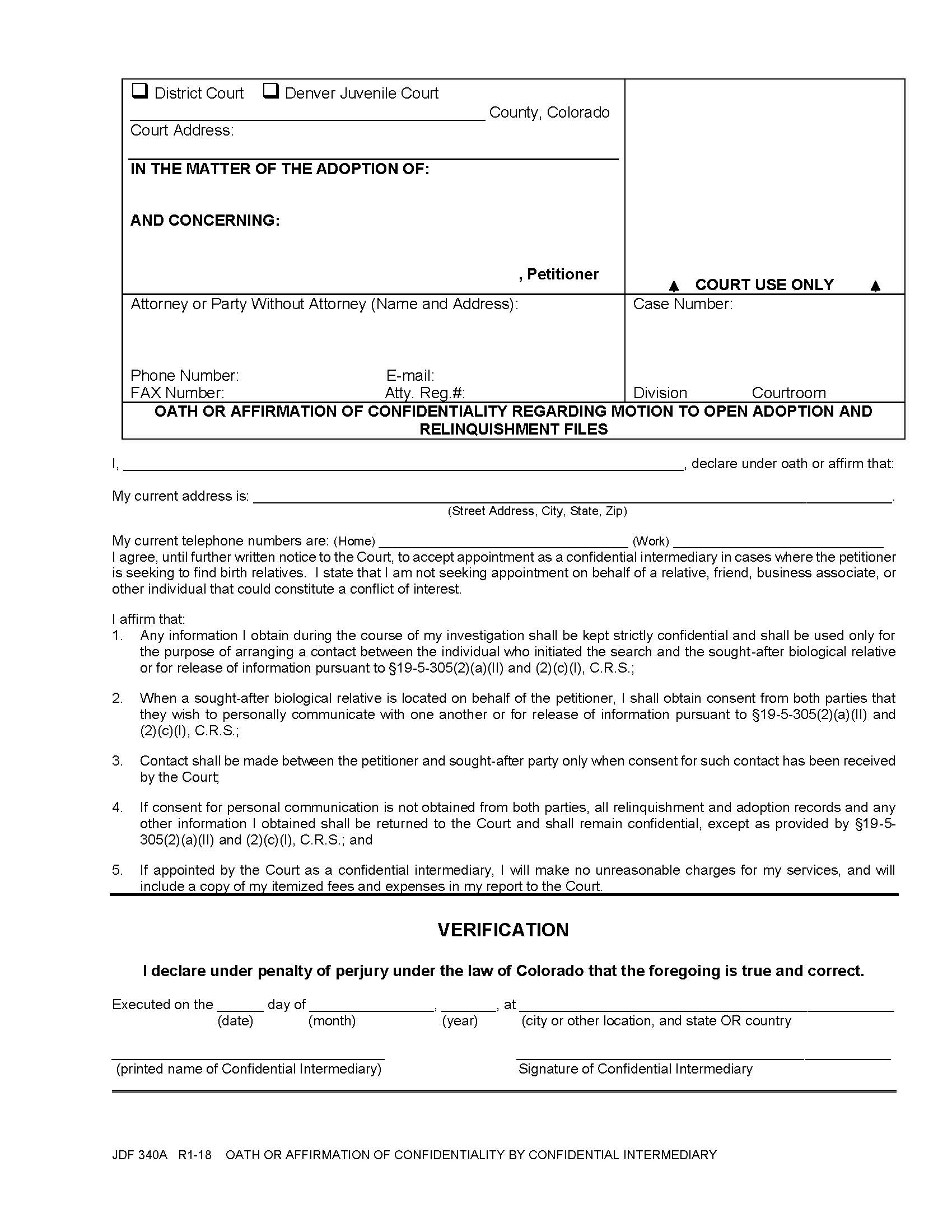 Oath Or Affirmation Of Confidentiality RE Motion To Open Adoption And Relinquishment Files {JDF 340A} | Pdf Fpdf Docx | Colorado