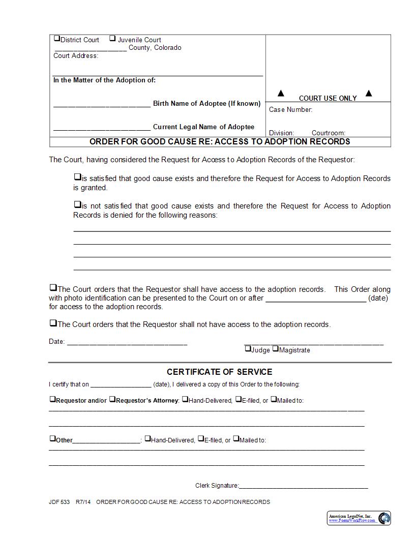 Order For Good Cause Re Access To Adoption Records {JDF 533} | Pdf Fpdf Docx | Colorado