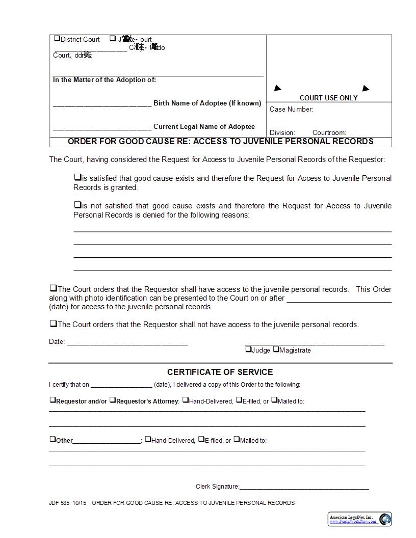 Order For Good Cause Re Access To Juvenile Personal Records {JDF 535} | Pdf Fpdf Docx | Colorado