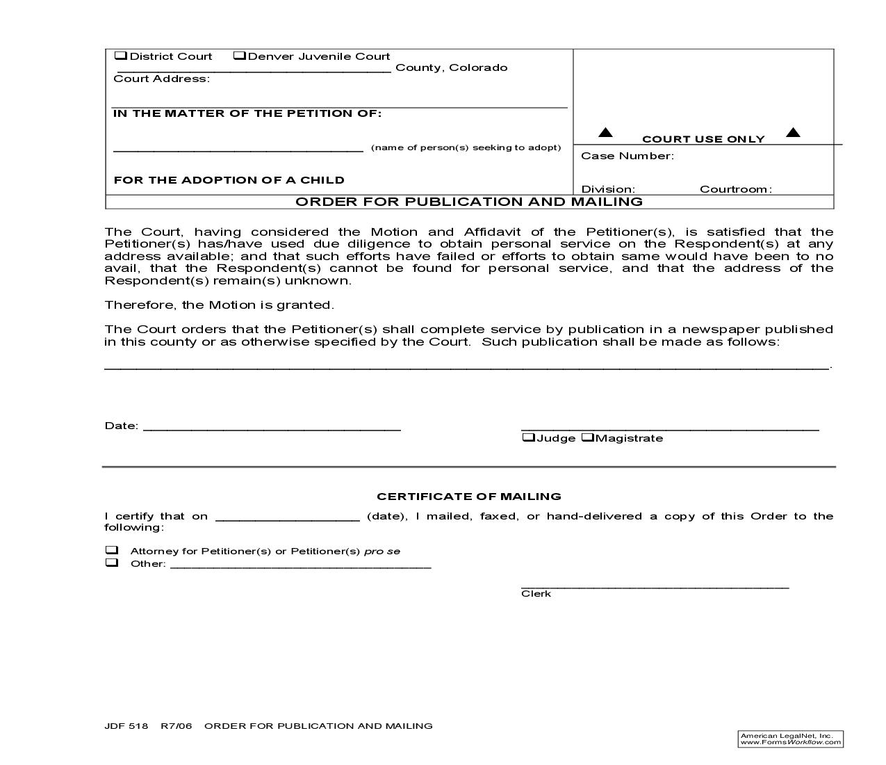 Order For Publication And Mailing {JDF 518} | Pdf Fpdf Doc Docx | Colorado