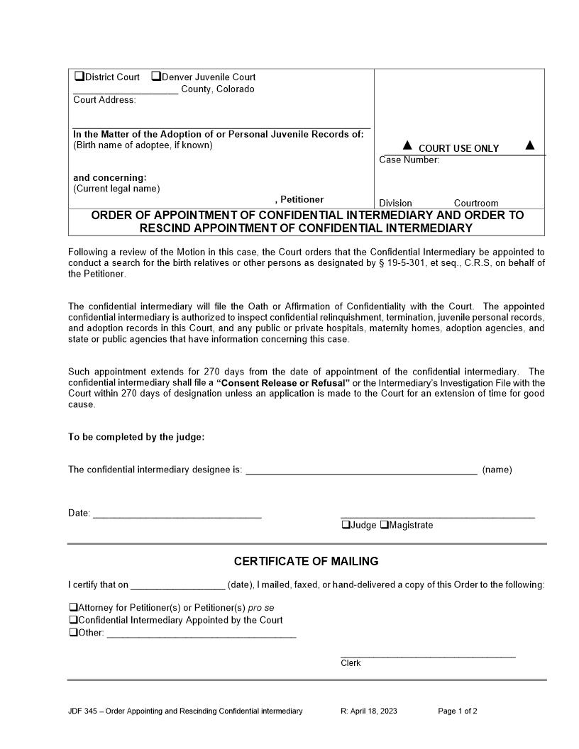 Order Of Appointment Of Confidential Intermediary {JDF 345} | Pdf Fpdf Docx | Colorado