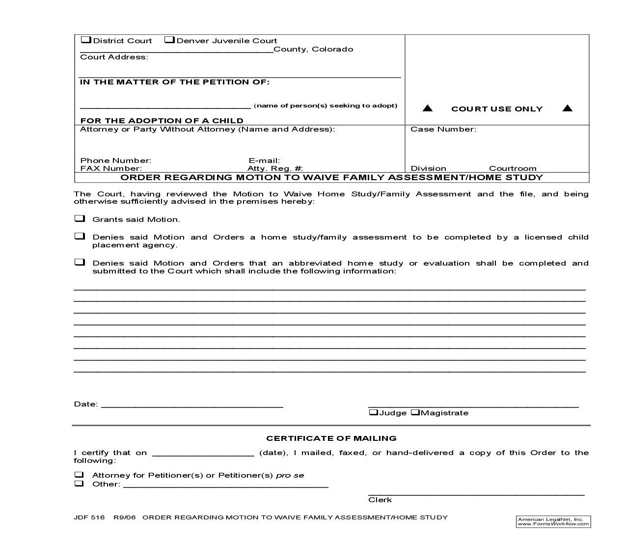 Order Regarding Motion To Waive Family Assessment Or Home Study {JDF 516} | Pdf Fpdf Doc Docx | Colorado