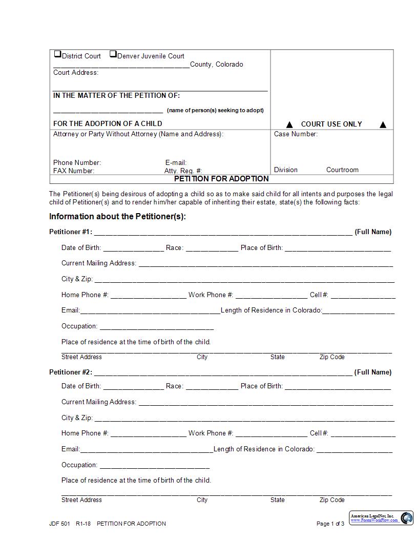 Petition For Adoption {JDF 501} | Pdf Fpdf Docx | Colorado