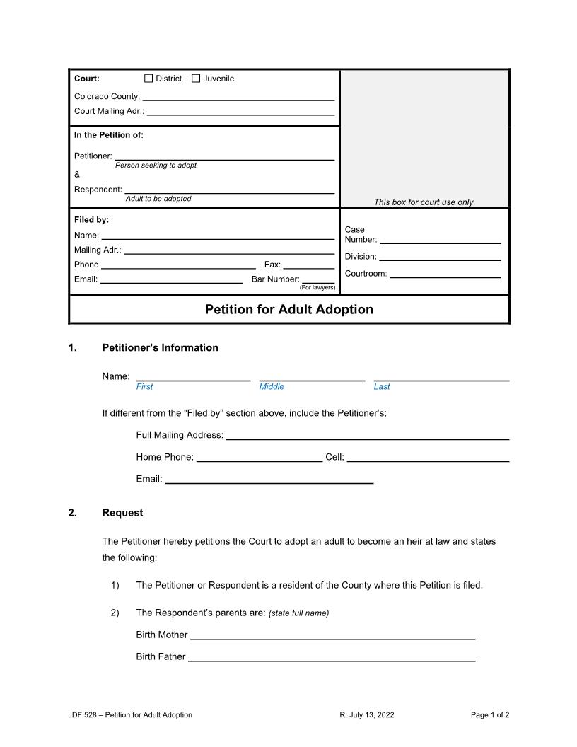 Petition For Adult Adoption {JDF 528} | Pdf Fpdf Docx | Colorado
