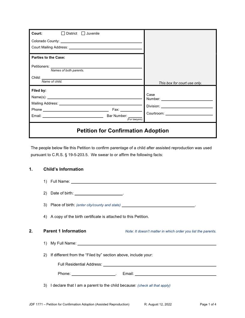 Petition For Confirmation Adoption (Assisted Reproduction) {JDF 1771} | Pdf Fpdf Docx | Colorado