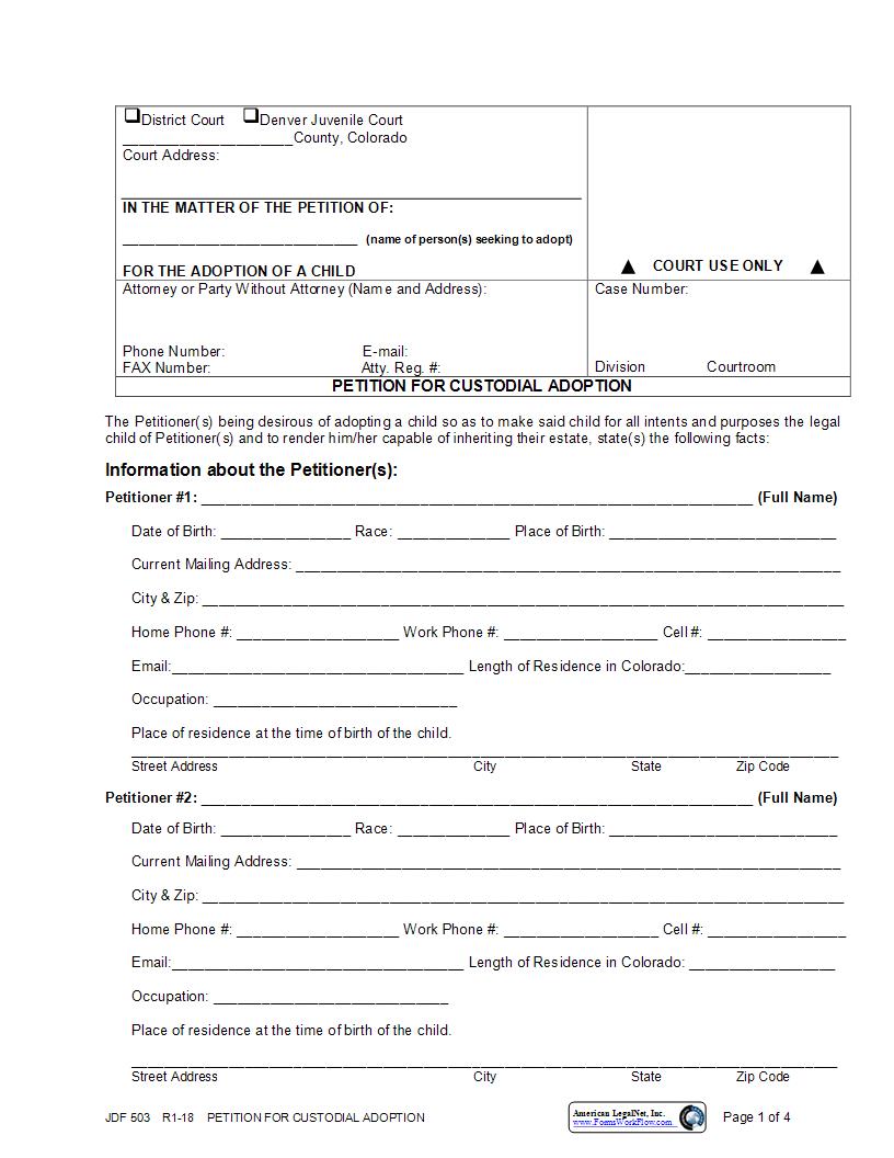 Petition For Custodial Adoption {JDF 503} | Pdf Fpdf Docx | Colorado