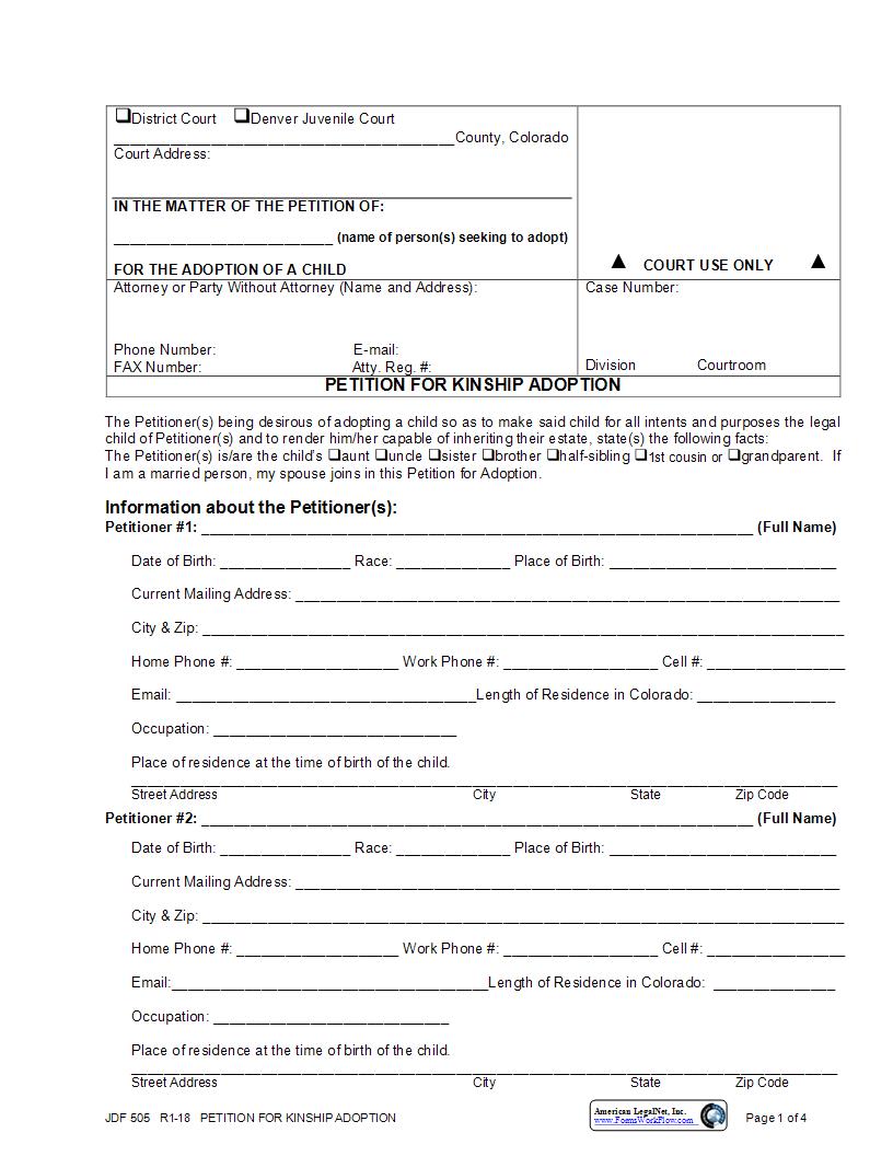 Petition For Kinship Adoption {JDF 505} | Pdf Fpdf Docx | Colorado