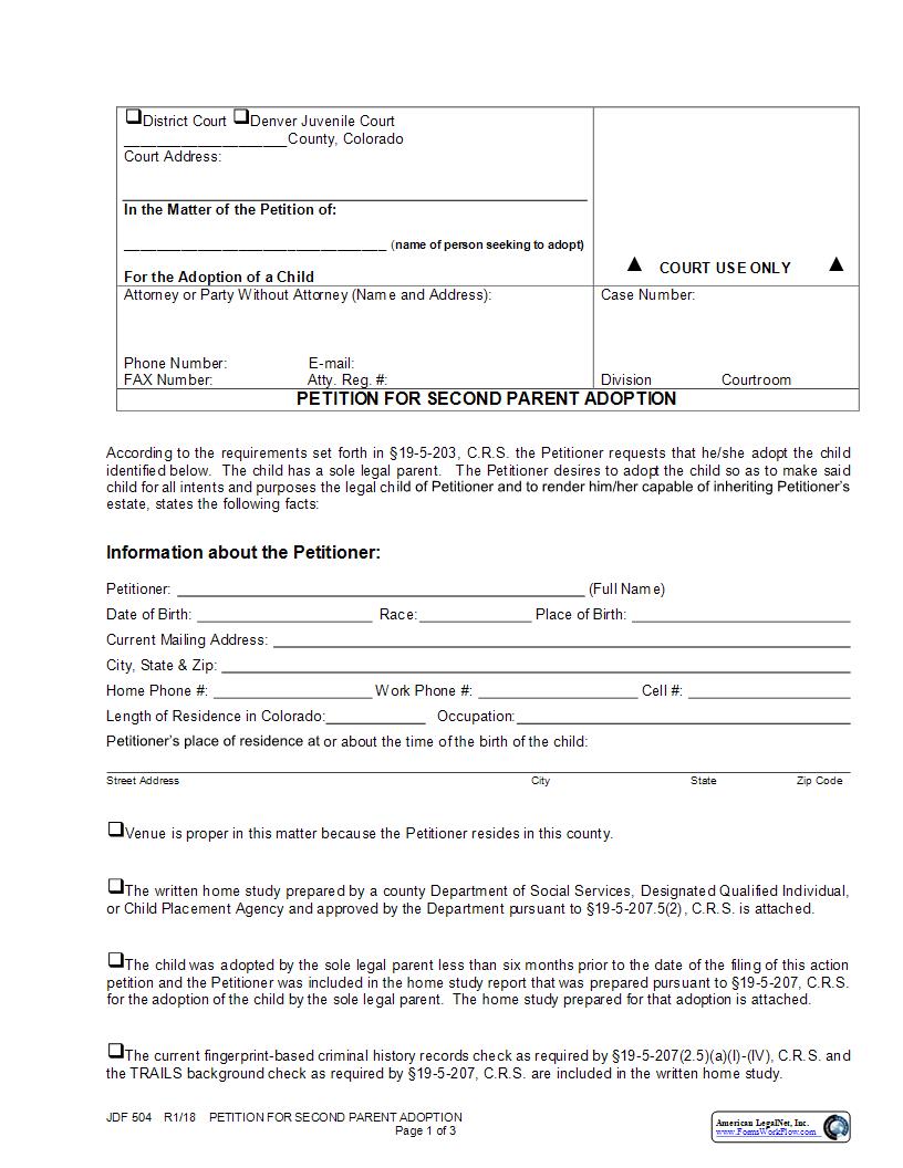Petition For Second Parent Adoption {JDF 504} | Pdf Fpdf Docx | Colorado