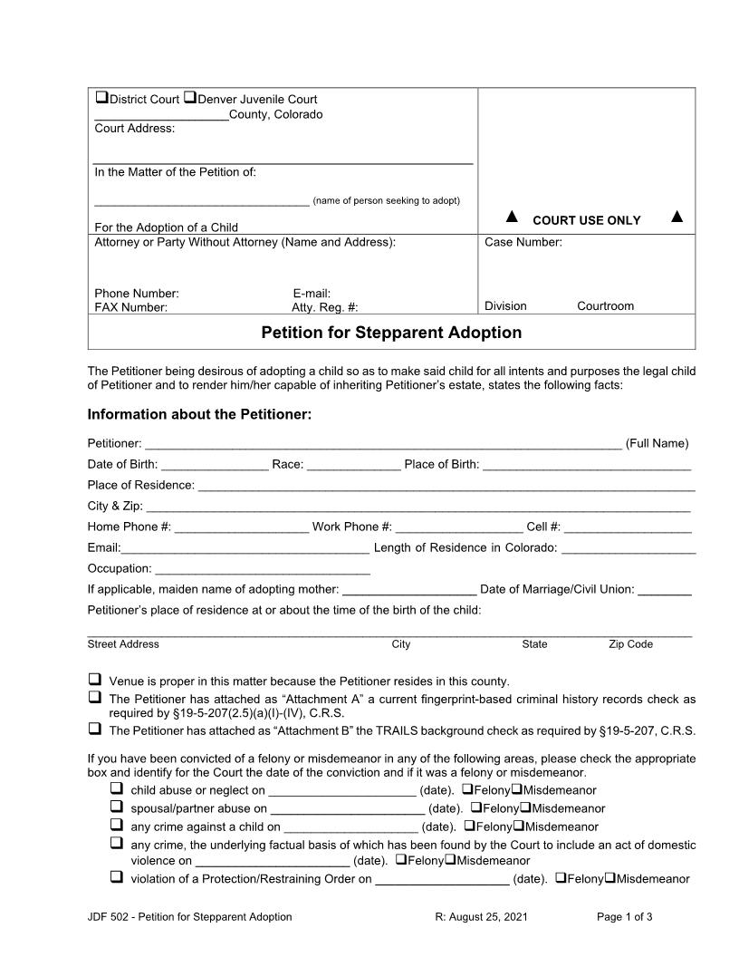 Petition For Stepparent Adoption {JDF 502} | Pdf Fpdf Docx | Colorado
