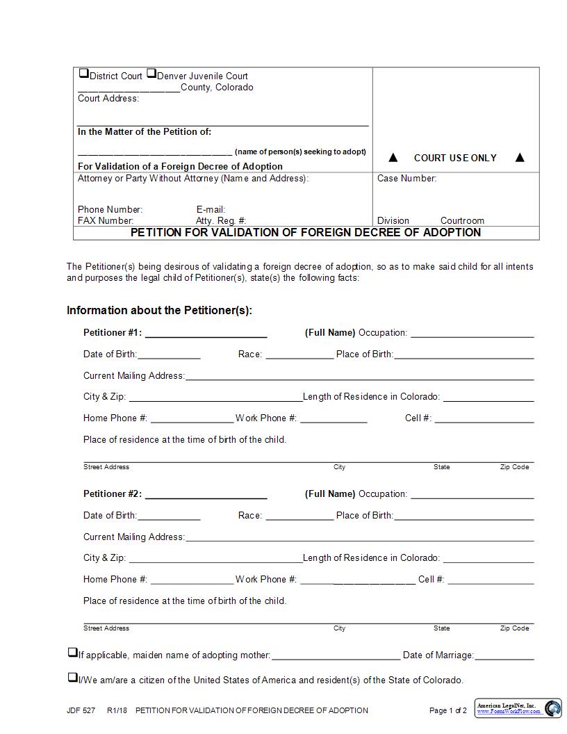 Petition For Validation Of Foreign Decree Of Adoption {JDF 527} | Pdf Fpdf Docx | Colorado