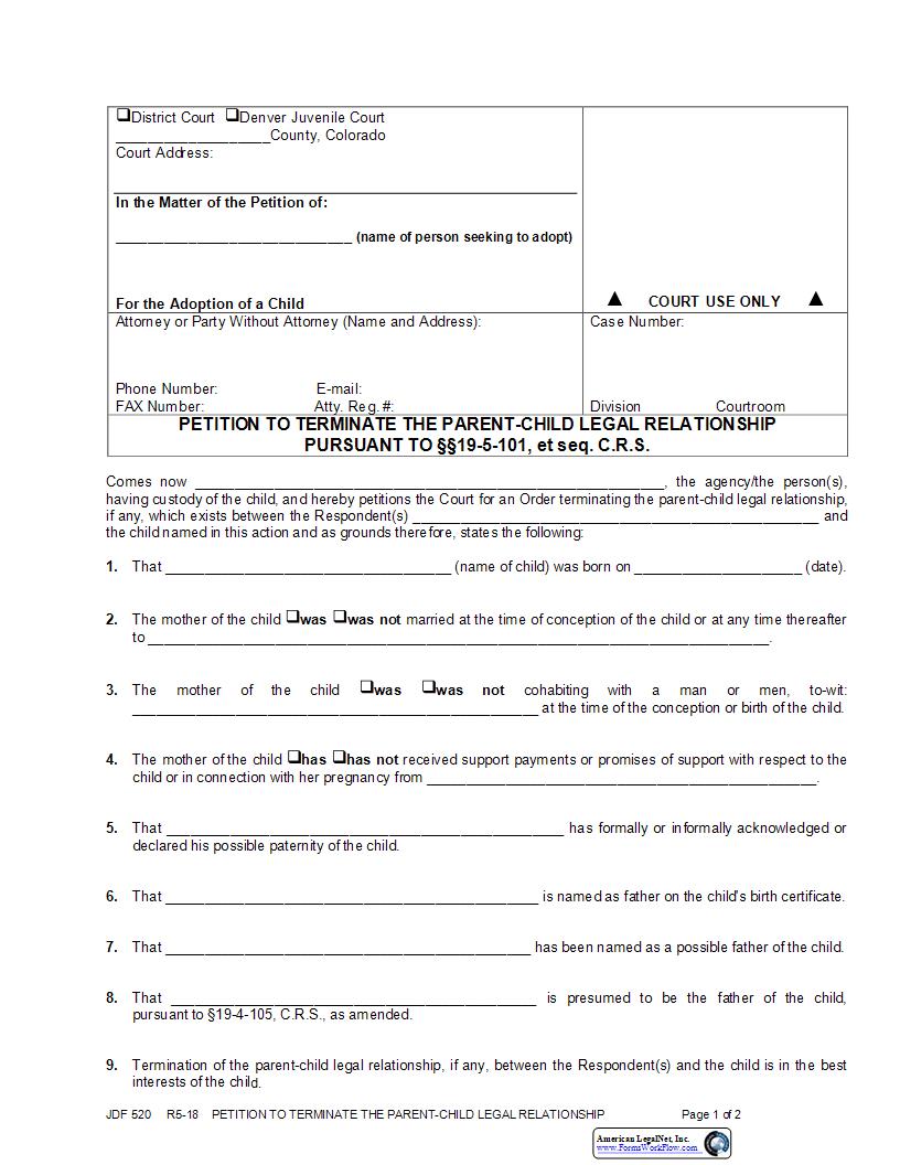 Petition To Terminate The Parent Child Legal Relationship {JDF 520} | Pdf Fpdf Docx | Colorado