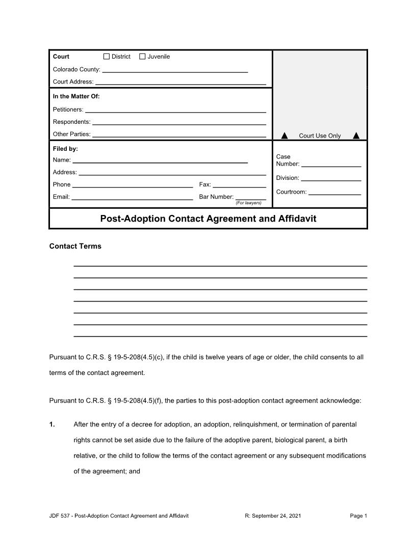 Post Adoption Contract {JDF 537} | Pdf Fpdf Docx | Colorado