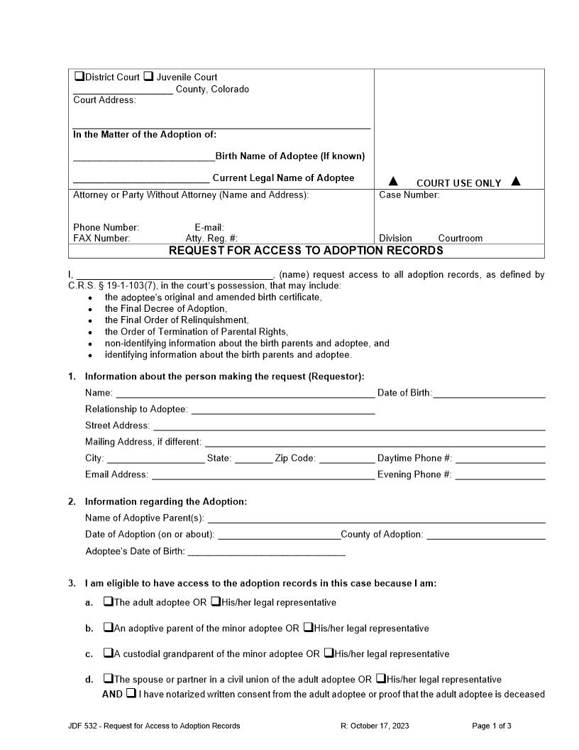 Request For Access To Adoption Records {JDF 532} | Pdf Fpdf Docx | Colorado