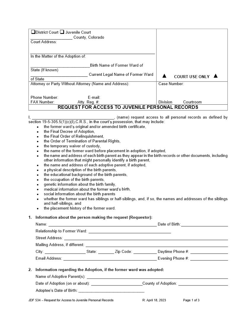 Request For Access To Juvenile Personal Records {JDF 534} | Pdf Fpdf Docx | Colorado