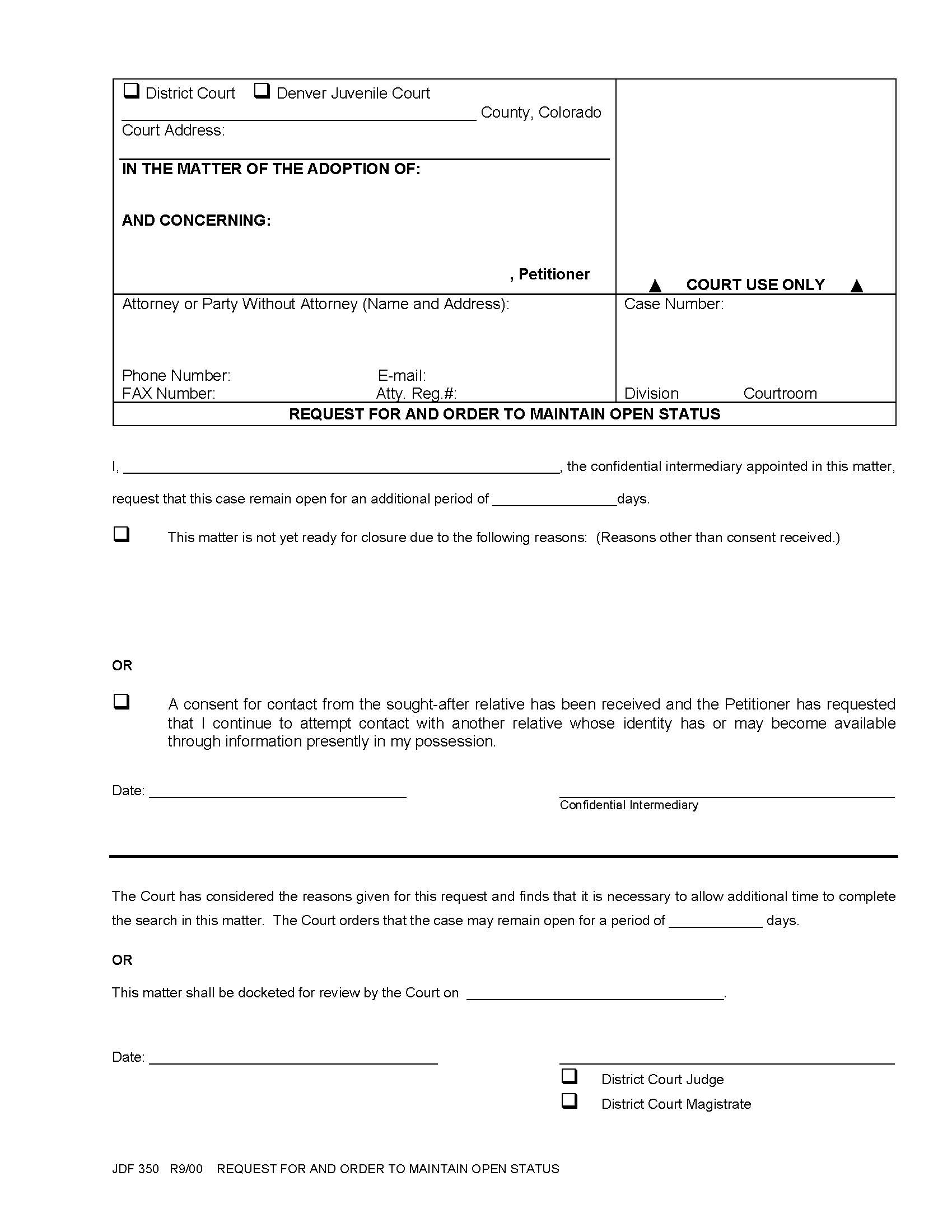 Request For And Order To Maintain Open Status {JDF 350} | Pdf Fpdf Doc Docx | Colorado