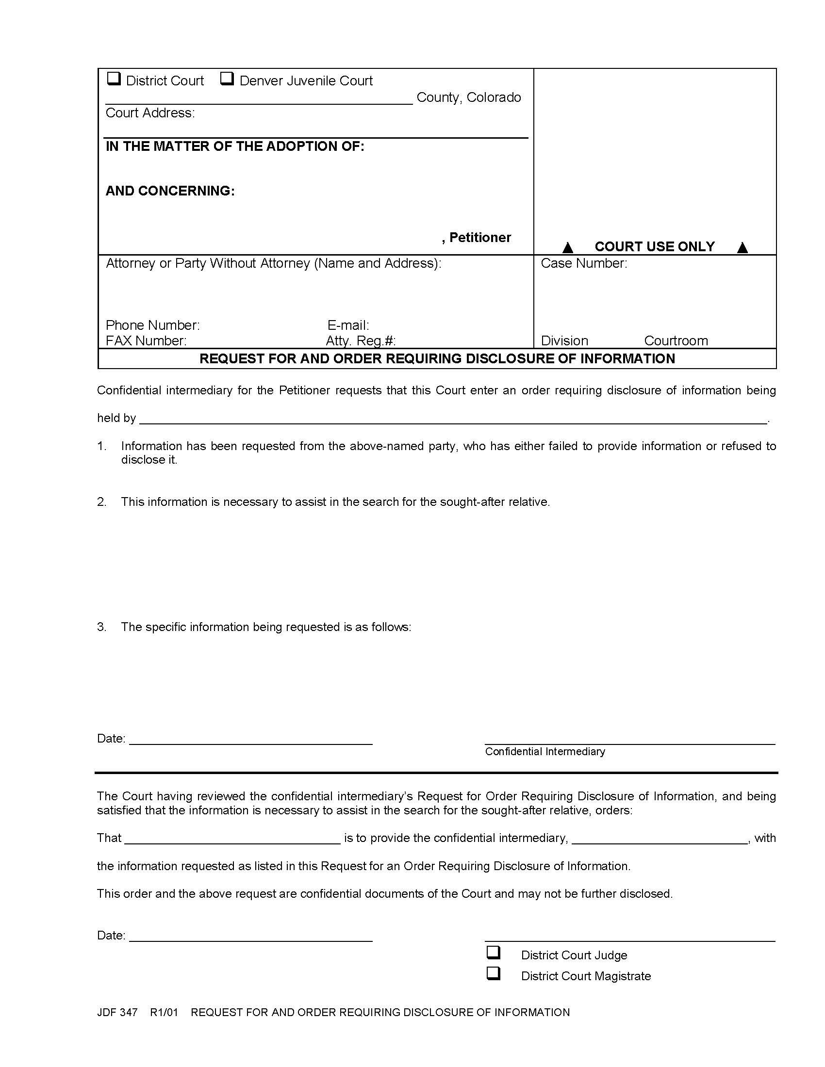 Request For Order Requiring Disclosure Of Information {JDF 347} | Pdf Fpdf Doc Docx | Colorado