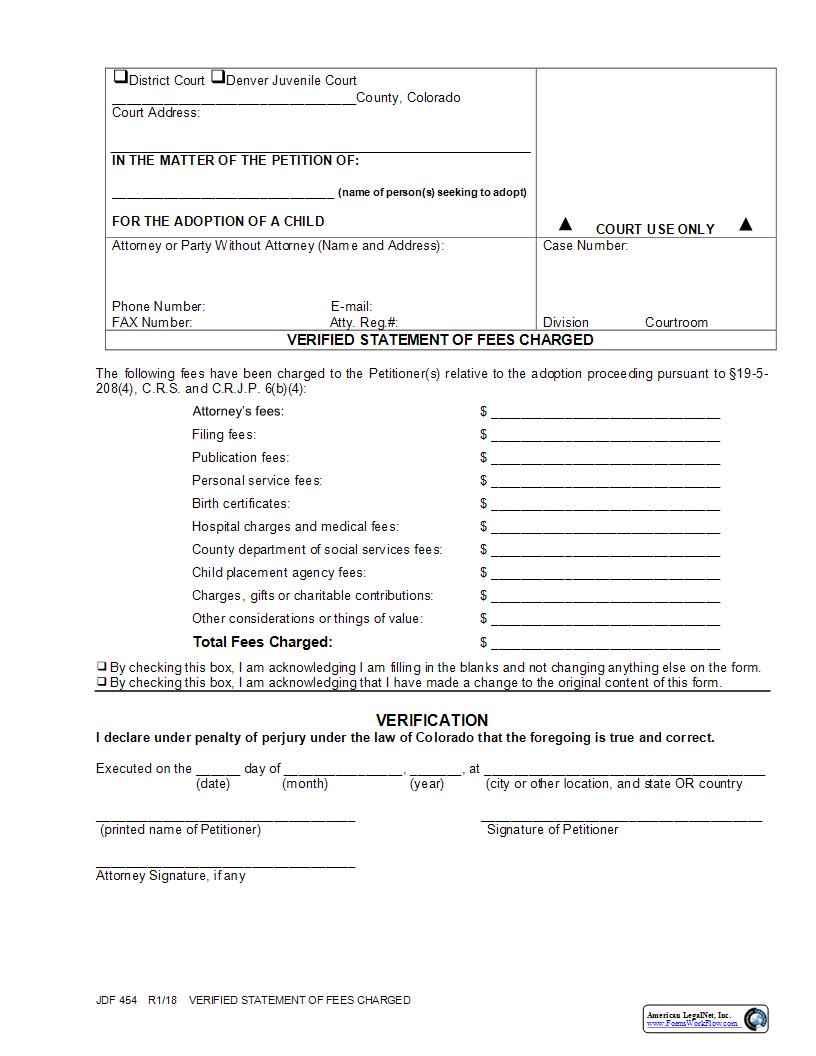 Verified Statement Of Fees Charged {JDF 454} | Pdf Fpdf Docx | Colorado