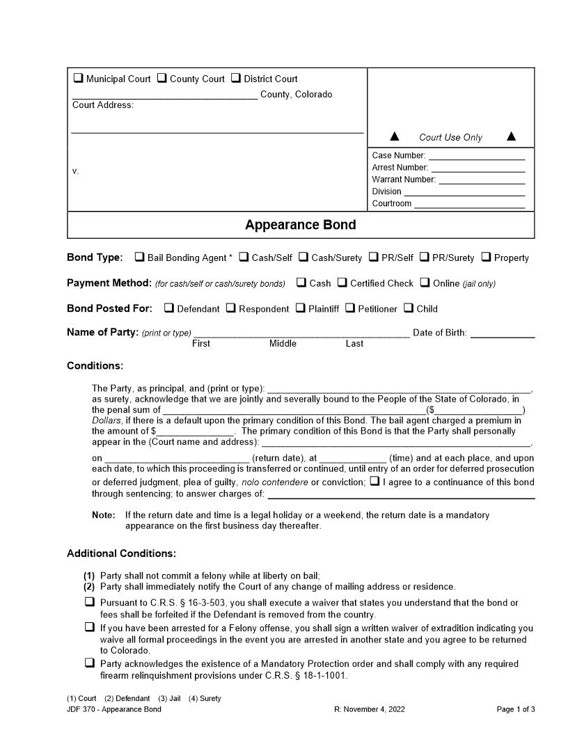 Appearance Bond {JDF 370} | Pdf Fpdf Docx | Colorado