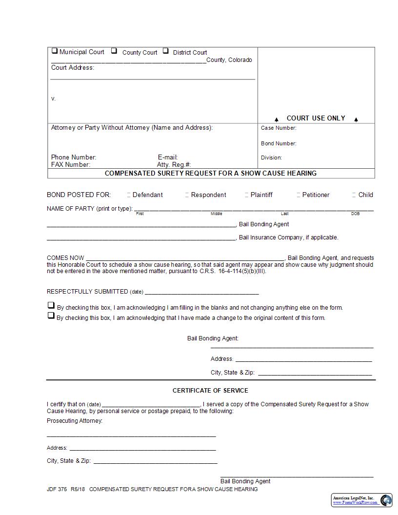 Compensated Surety Request For A Show Cause Hearing {JDF 375} | Pdf Fpdf Docx | Colorado