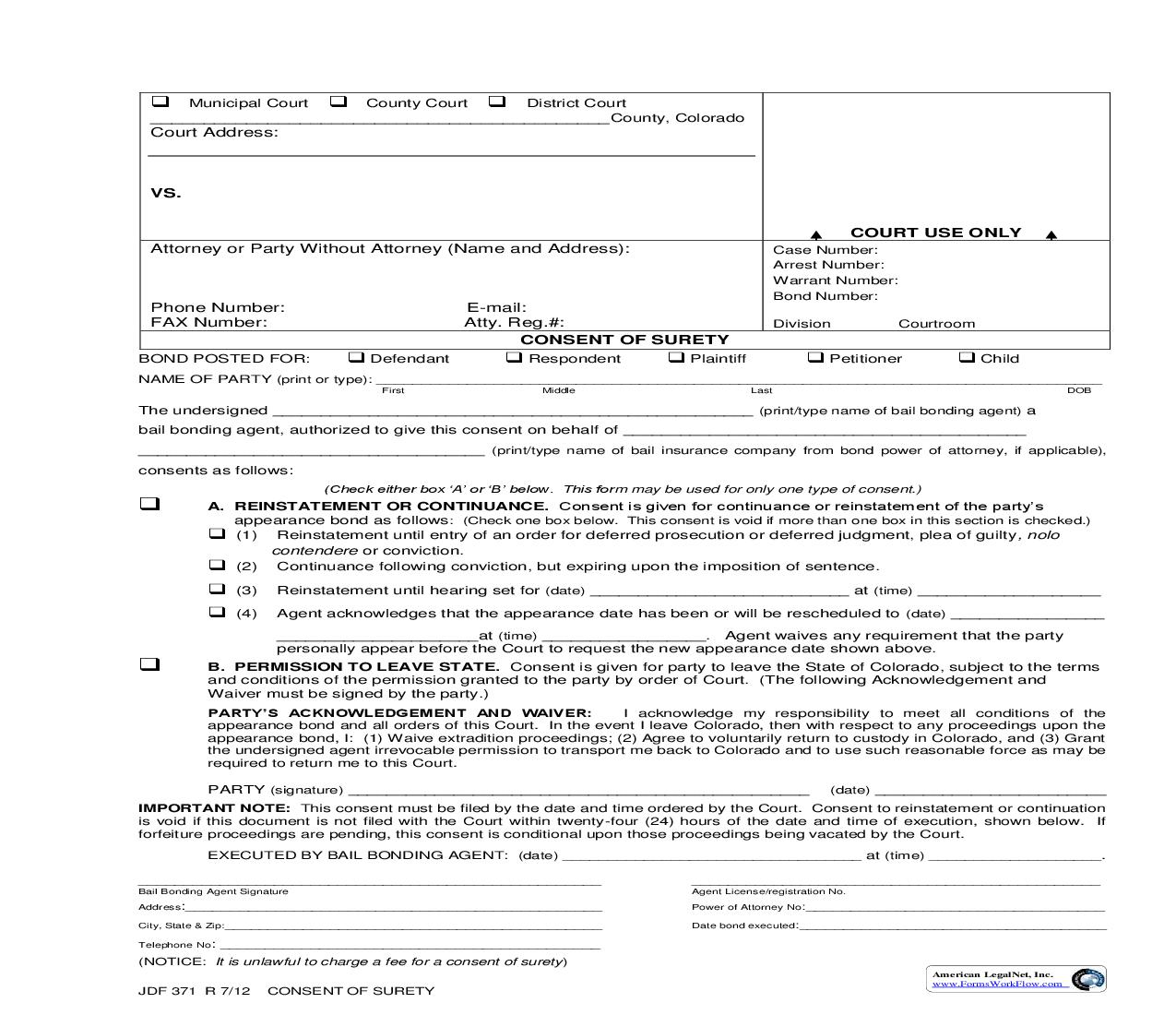Consent Of Surety {JDF 371} | Pdf Fpdf Doc Docx | Colorado