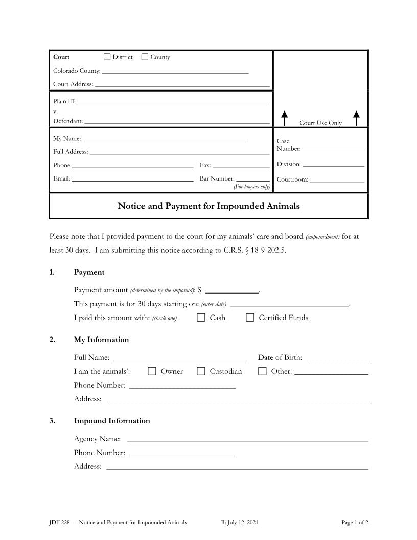 Notice And Payment For Impounded Animals {JDF 228} | Pdf Fpdf Docx | Colorado