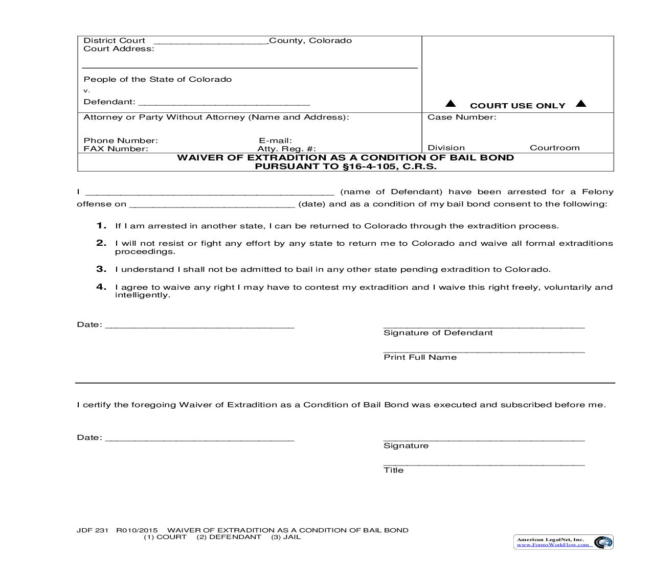 Waiver Of Extradition As A Condition Of Bail Bond {JDF 231} | Pdf Fpdf Doc Docx | Colorado