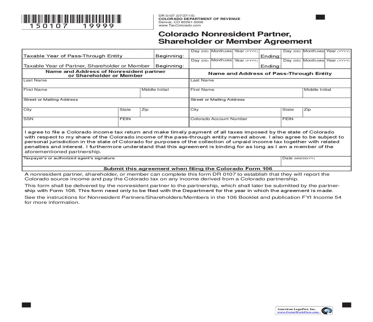 Nonresident Partner Shareholder Or Member Agreement {DR 0107} | Pdf Fpdf Doc Docx | Colorado