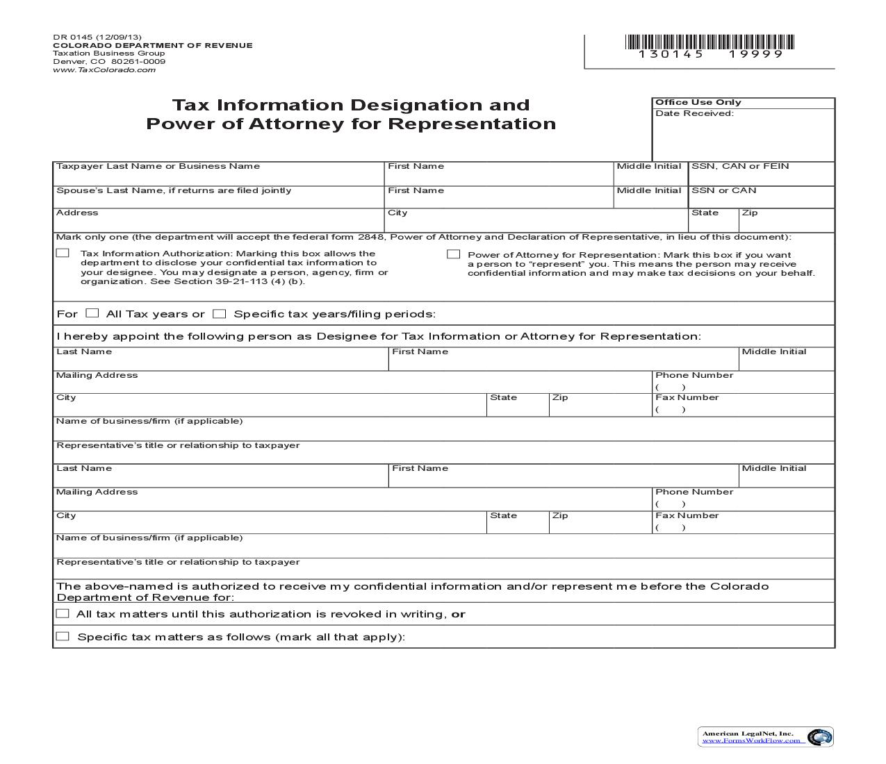 Tax Information Designation And Power Of Attorney For Representation {DR 0145} | Pdf Fpdf Doc Docx | Colorado