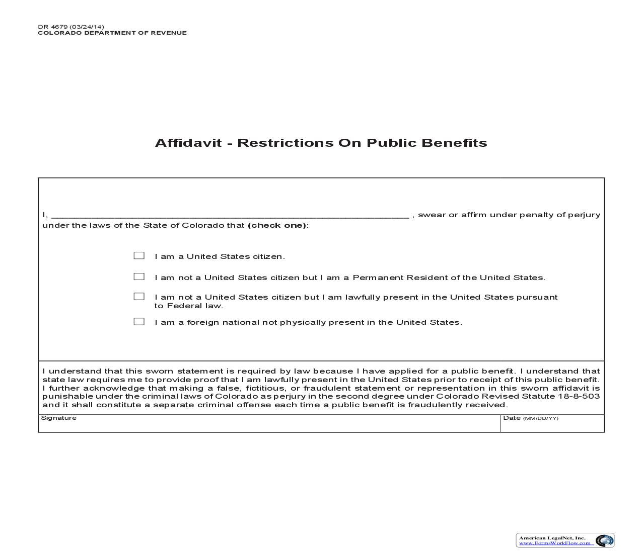 Affidavit Restrictions On Public Benefits {DR 4679) | Pdf Fpdf Doc Docx | Colorado
