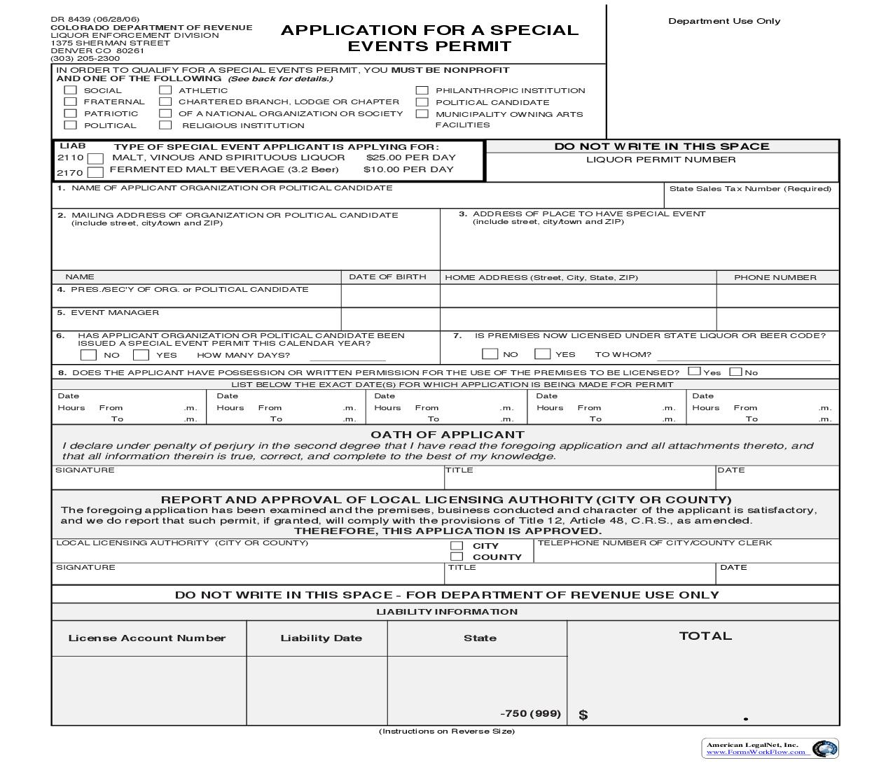 Application For A Special Events Permit {DR 8439} | Pdf Fpdf Doc Docx | Colorado
