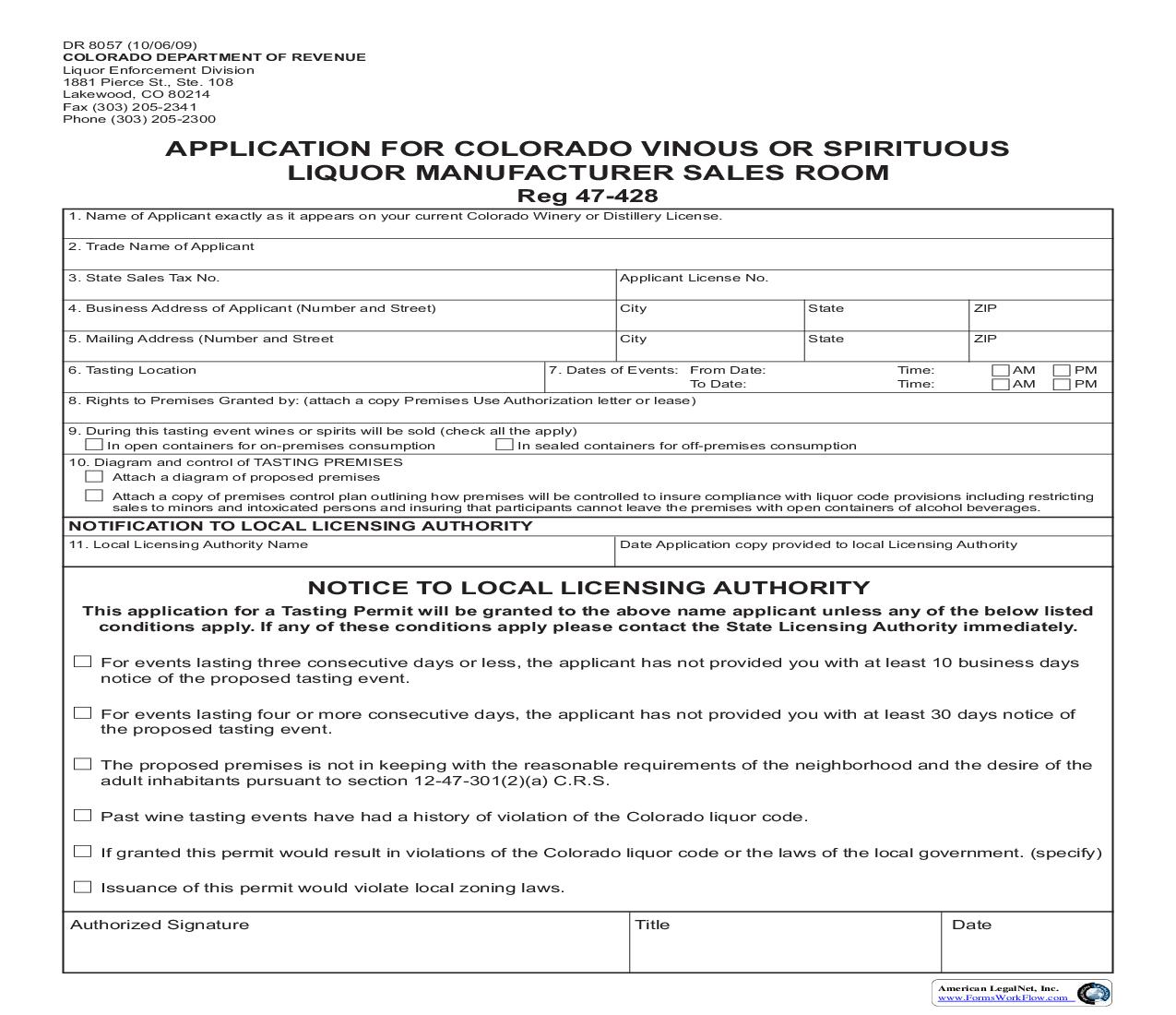 Application For Colorado Vinous Or Spirituous Liquor Manufacturer Sales Room {DR 8057} | Pdf Fpdf Doc Docx | Colorado