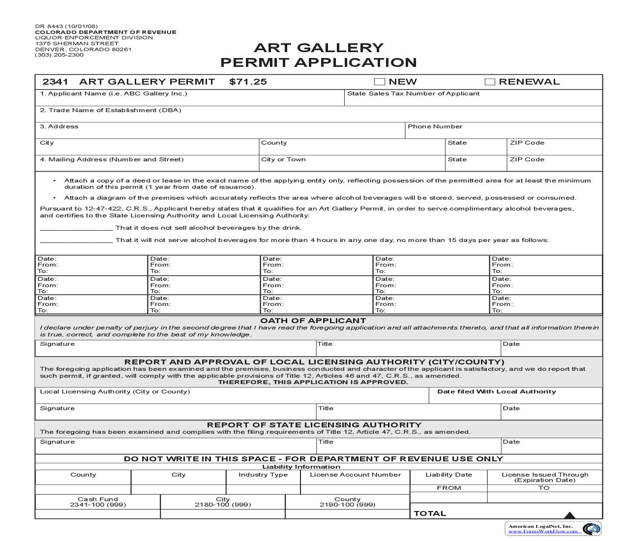 Art Gallery Permit Application {DR 8443} | Pdf Fpdf Doc Docx | Colorado