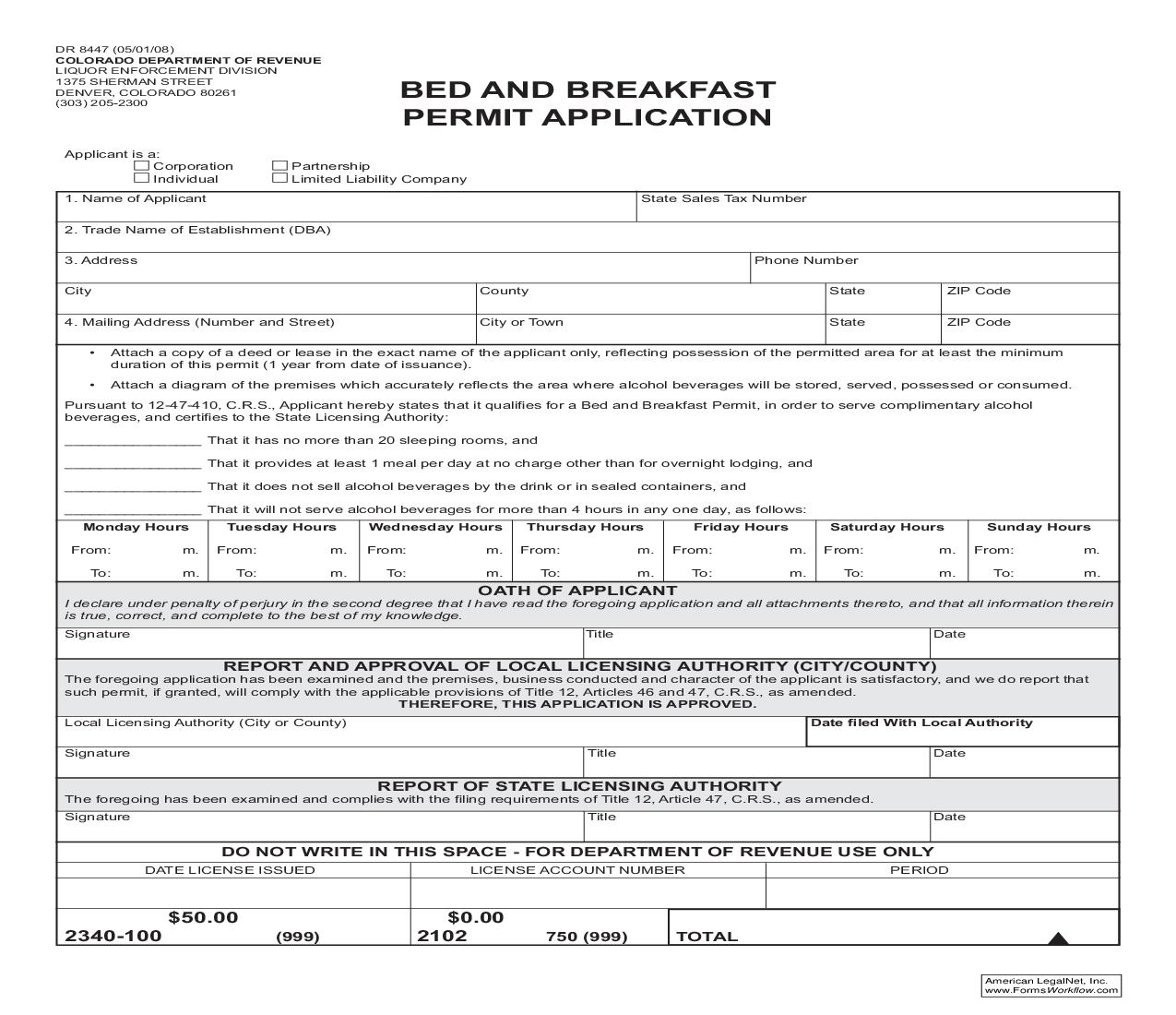 Bed and Breakfast Application {DR 8447} | Pdf Fpdf Doc Docx | Colorado