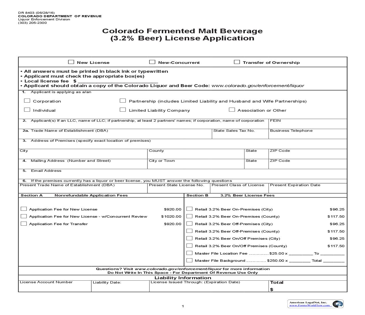 Colorado Fermented Malt Beverage (3.2 Beer) License Application {DR 8403} | Pdf Fpdf Doc Docx | Colorado
